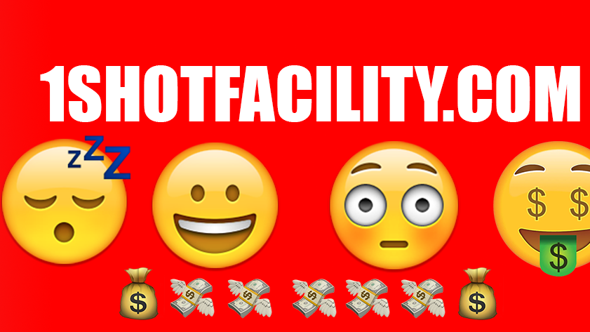 Promotional banner for 1ShotFacility.com with stick figures and emojis on a red background